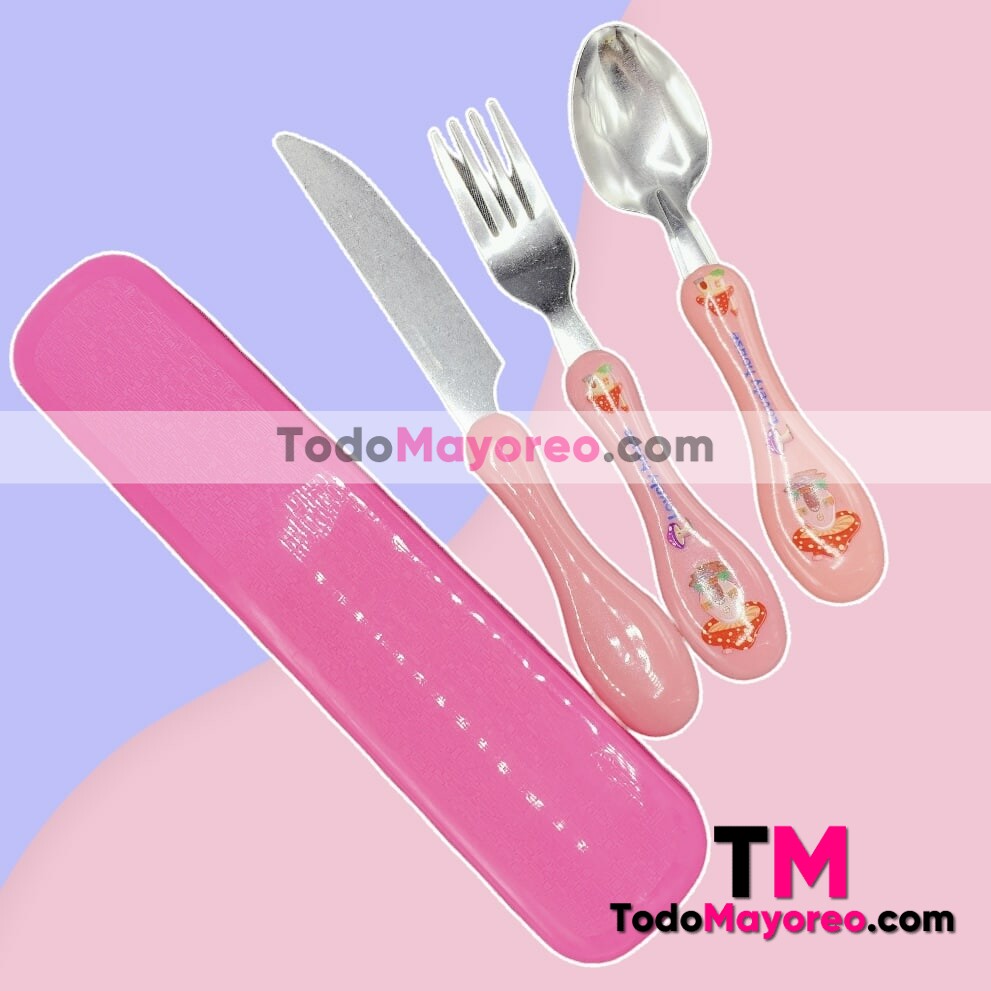 Set Cubiertos Para Niños Cuchara y Tenedor Con Estuche Color Rosa GENERICO