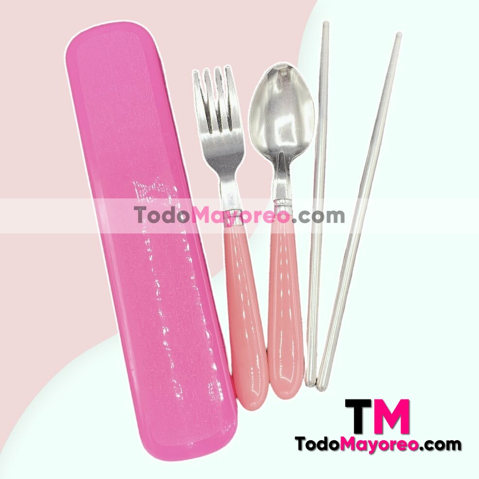 Set de Cubiertos Para Niños Cuchara,Tenedor y Palillos Chinos Rosa accesorios de mayoreo A3142