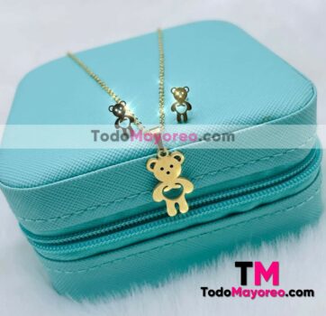 Set Collar y Aretes Osito Teddy Dorado accesorios de mayoreo A3241