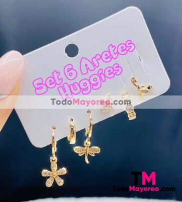 Set 6 Aretes Huggies Flor-Libélula-Margarita-Pájaro Dorado accesorios de mayoreo A3248