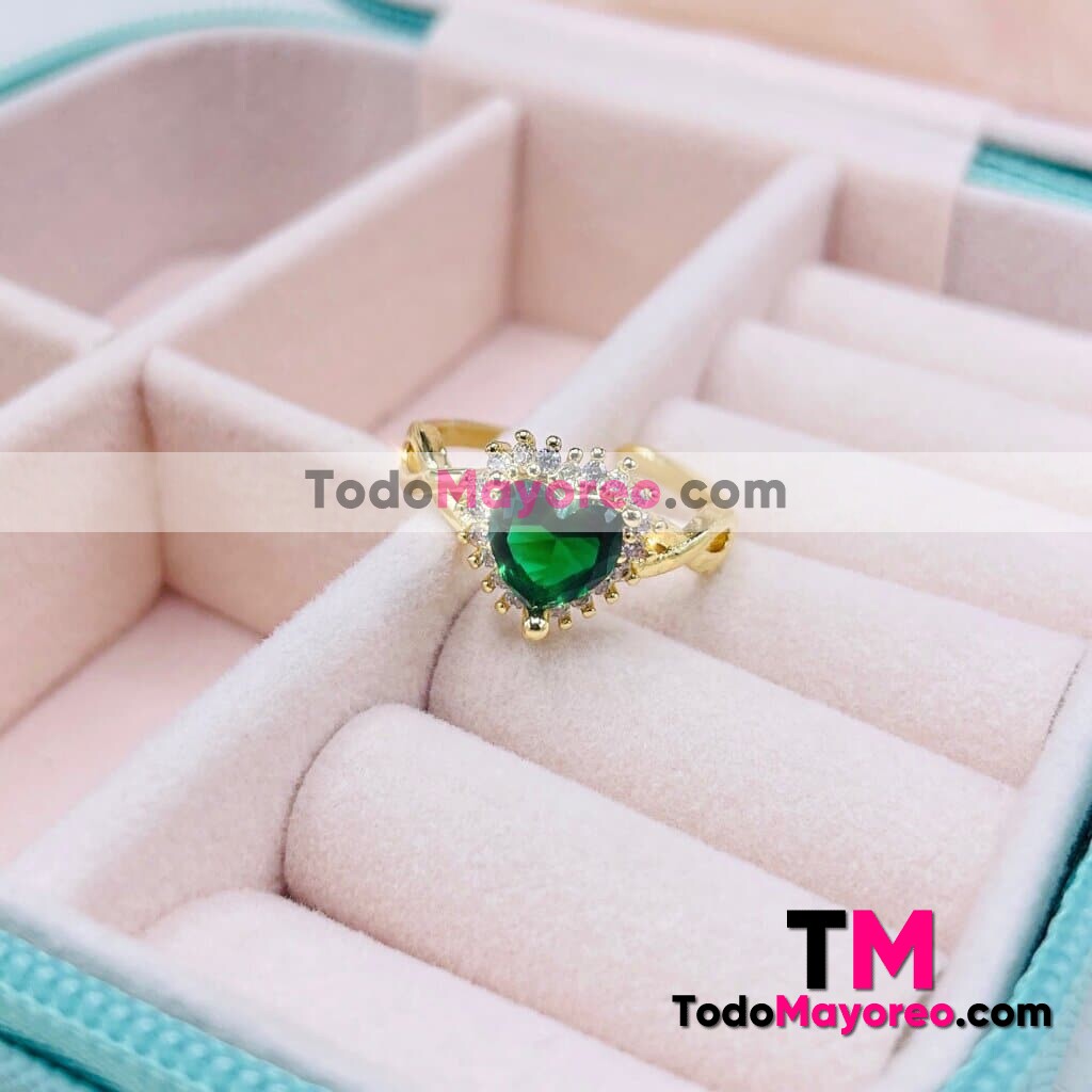 Anillo Corazon con Diamante Verde Dorado accesorios de mayoreo A3294