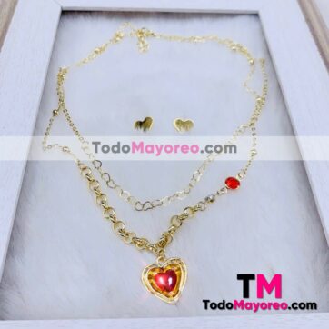 Set Collar Doble y Aretes Diamante de Corazon Dorado accesorios de mayoreo A3374