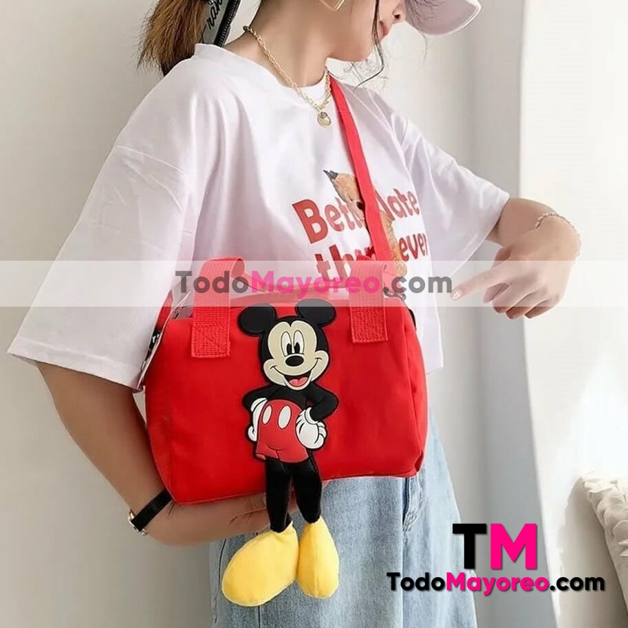 Bolsa Mickey Mouse Tela Nylon Diseño Cilindro con Correa Roja accesorios de mayoreo A3031