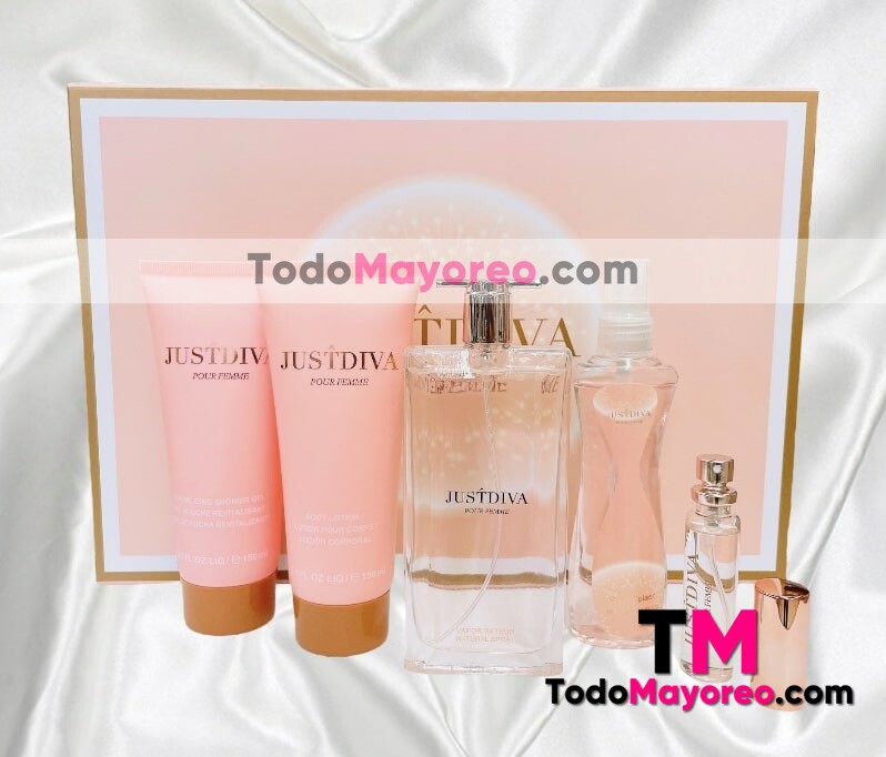 Estuche JustDiva- Perfume- Shower Gel- Body Lotion- Body Spray- Perfume de Bolsillo Rose Accesorios de Mayoreo A3435