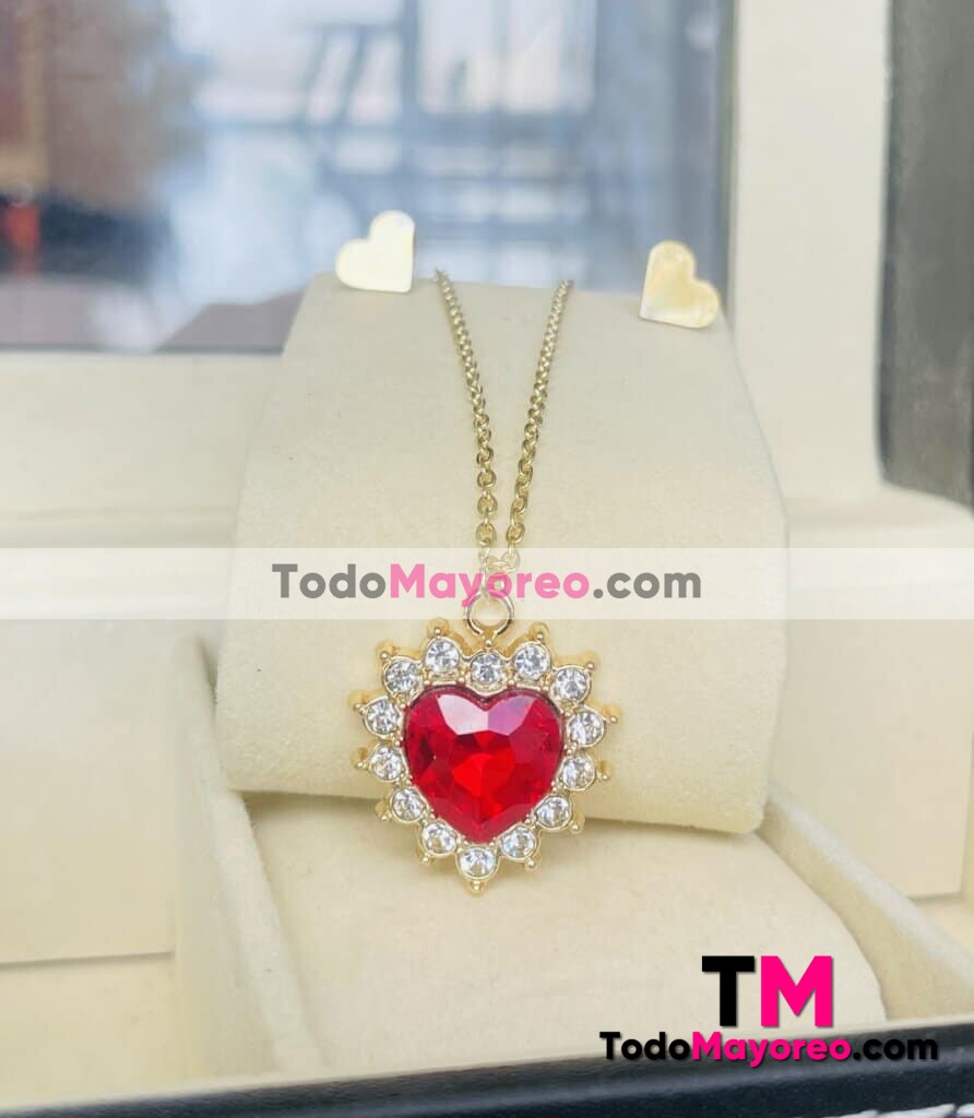 Set Collar y Aretes Diamante Rojo Corazon Dorado accesorios de mayoreo A3482