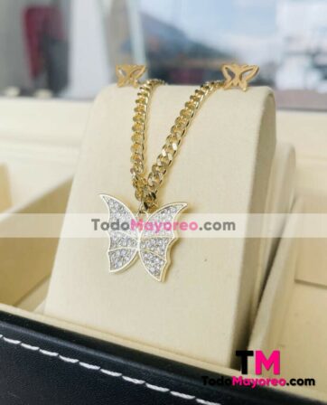 Set Collar y Aretes Mariposa con Diamantes Dorado accesorios de mayoreo A3483