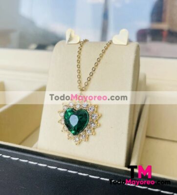 Set Collar y Aretes Diamante Verde Corazon Dorado accesorios de mayoreo A3485