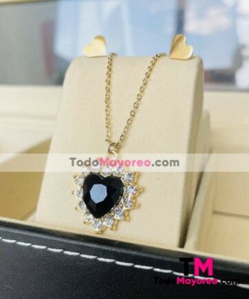 Set Collar y Aretes Diamante Negro Corazon Dorado accesorios de mayoreo A3486