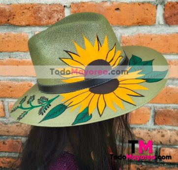 aj00197 sombrero artesanal pintado a mano diseño de girasol mexicano hecho en Leon Guanajuato mayoreo fabrica