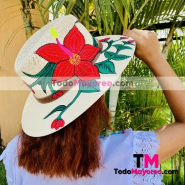 aj00202 sombrero artesanal sombrero pintado a mano con diseño de flor mexicano hecho en Leon Guanajuato mayoreo fabrica