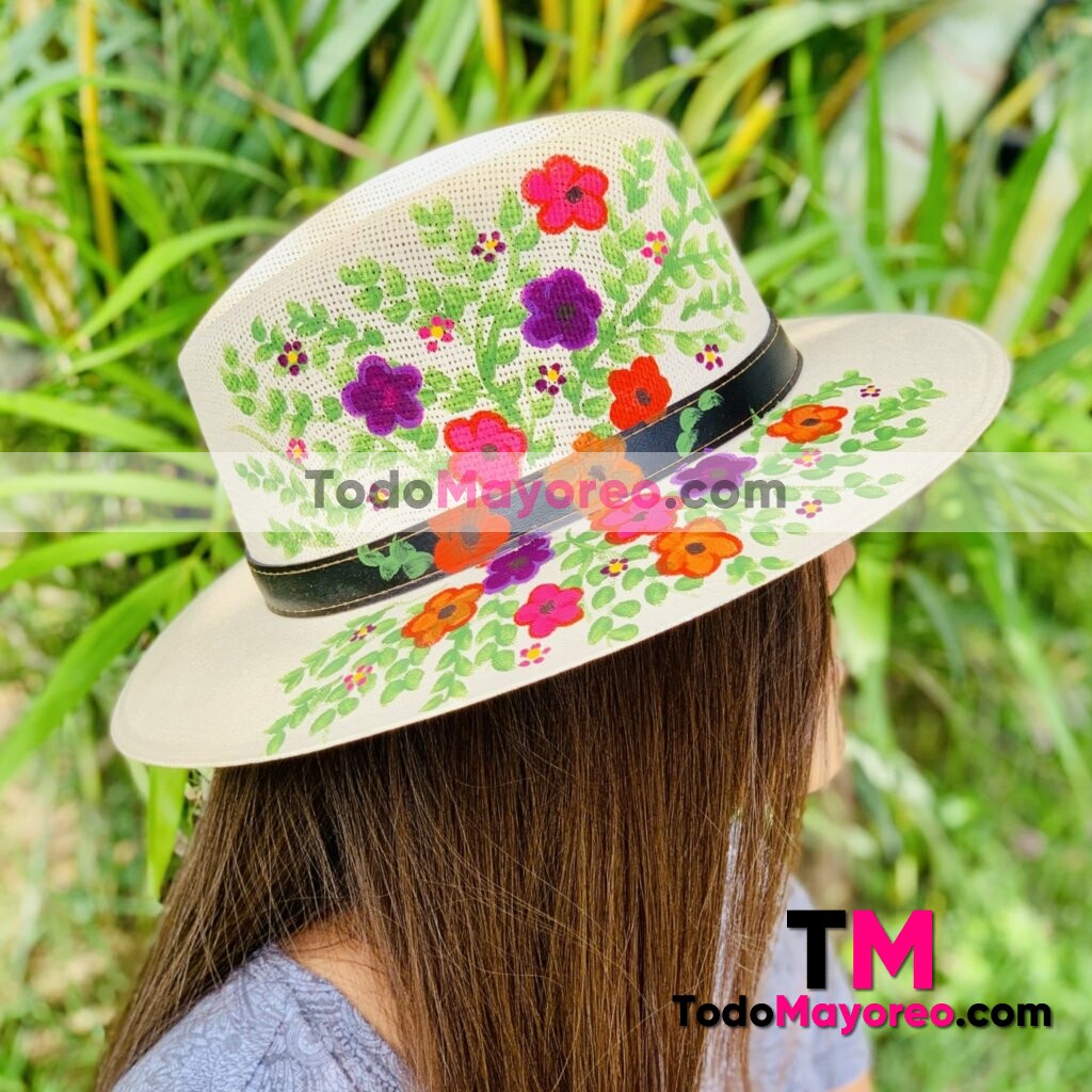 aj00203 sombrero artesanal pintado a mano con diseño de flores mexicano hecho en Leon Guanajuato mayoreo fabrica