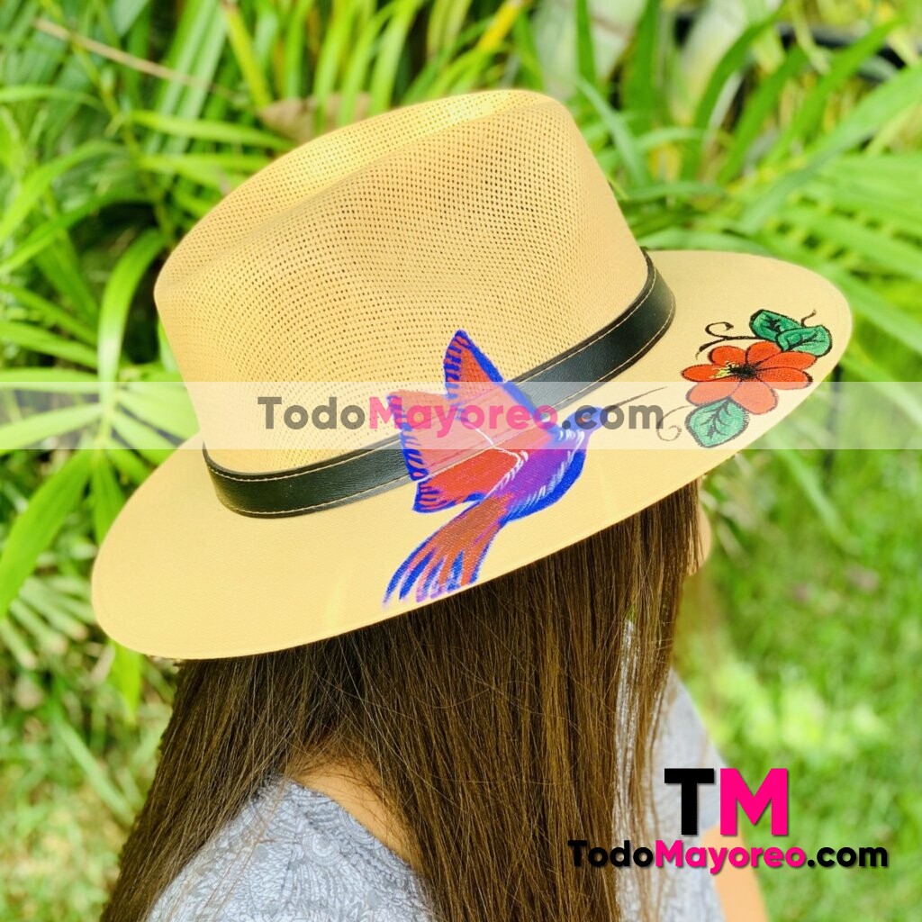 aj00205 sombrero artesanal sombrero pintado a mano diseño de colibri mexicano hecho en Leon Guanajuato mayoreo fabrica
