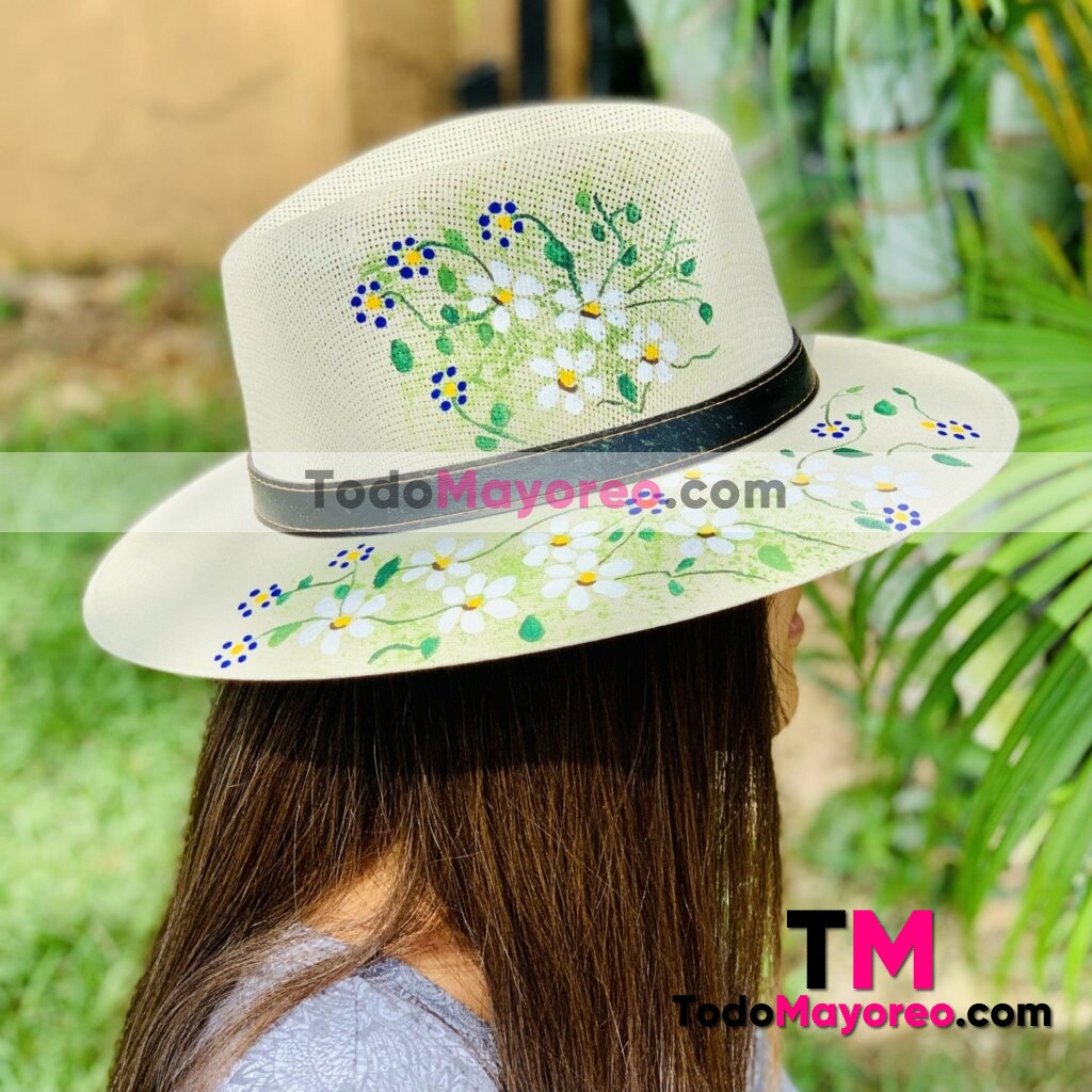 aj00207 sombrero artesanal diseño de flores blanco mexicano hecho en Leon Guanajuato mayoreo fabrica