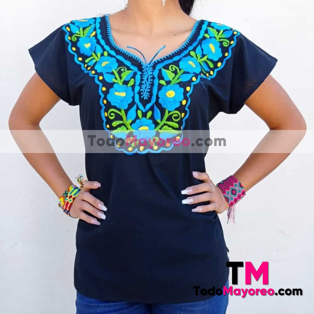 rj00433 Blusa bordada a mano negro artesanal mexicano para mujer hecho en  Chiapas mayoreo fabrica – 