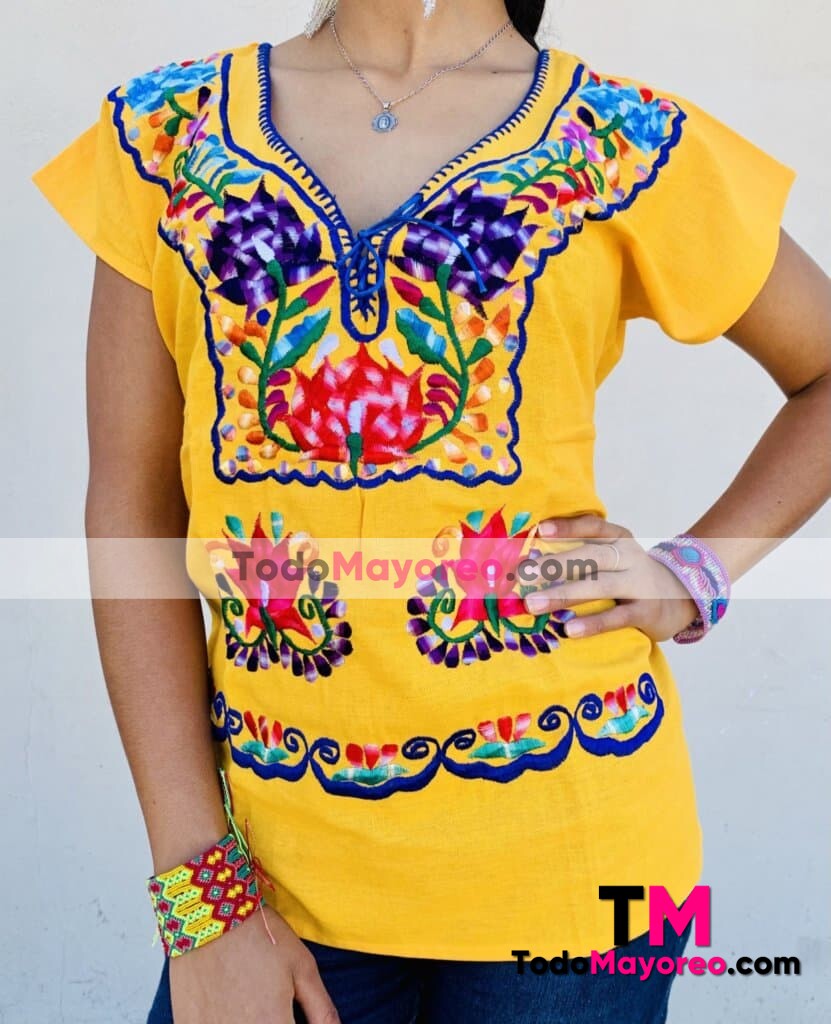 rj00502 Blusa bordado de flores color amarillo artesanal mexicano para  mujer hecho en Sahuayo Michoacan mayoreo fabrica 