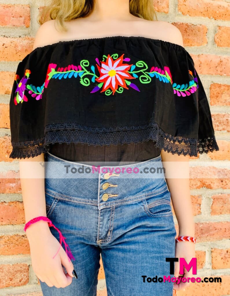 rj00614 Blusa campesina de manta color negro bordada a maquina diseño de  flores artesanal mexicano para mujer hecho en Sahuayo Michoacan mayoreo  fabrica 