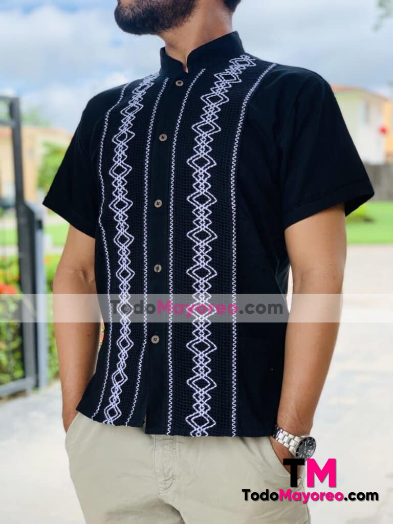 rj00631 Camisa guayabera de manta color negro artesanal mexicano para hombre hecho en Chiapas mayoreo fabrica