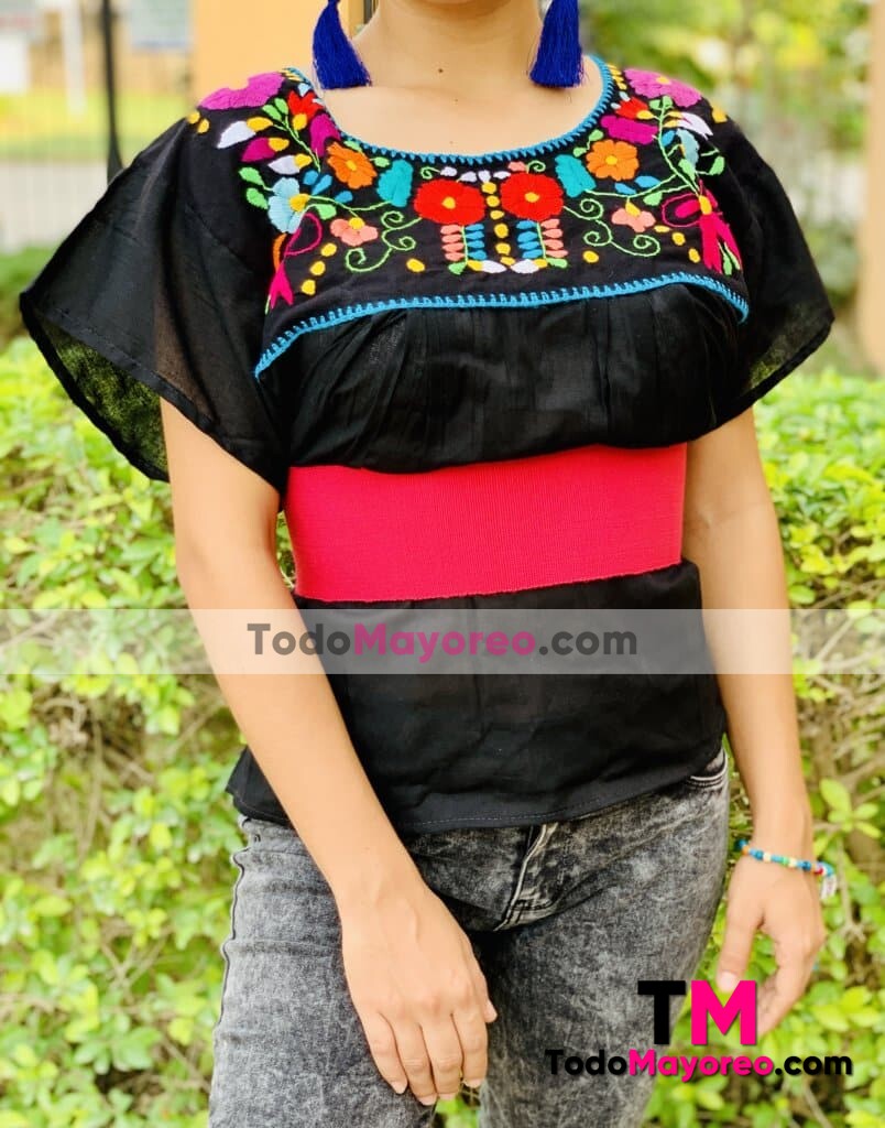 rj00664 Blusa artesanal mexicano para mujer hecho en Chiapas de manta color  negro mayoreo fabrica 