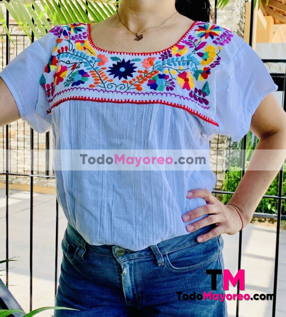 rj00666 Blusa artesanal mexicano para mujer hecho en Chiapas de manta color blanco mayoreo fabrica