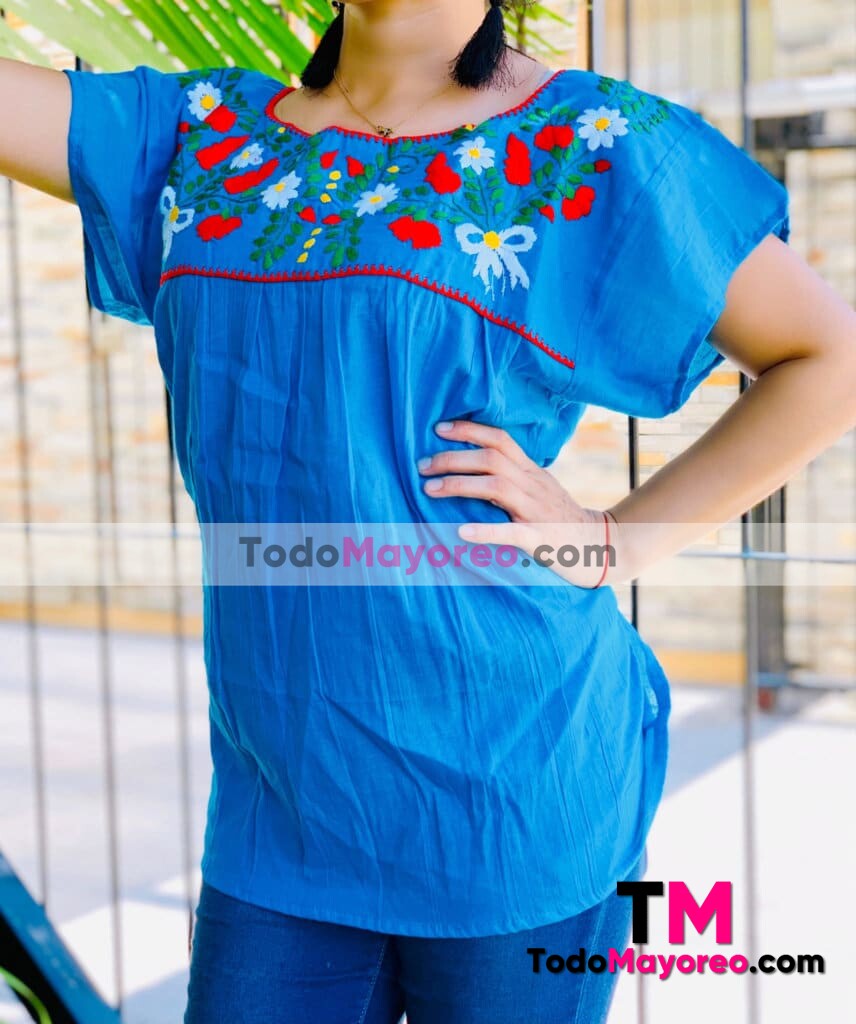 Me preparé pianista Desnudarse rj00677 Blusa artesanal mexicano para mujer hecho en Chiapas de manta color  azul bordada a mano mayoreo fabrica - TodoMayoreo.com