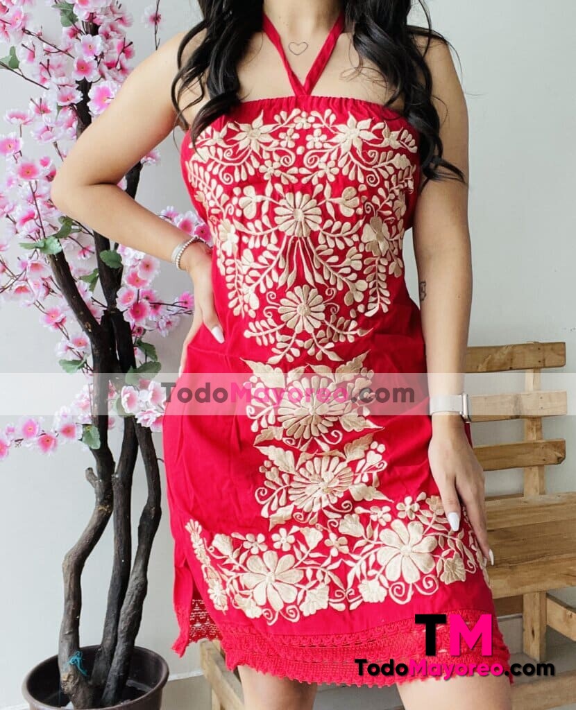 rj00683 Vestido artesanal mexicano para mujer hecho en Chiapas vestido color rojo mayoreo fabrica