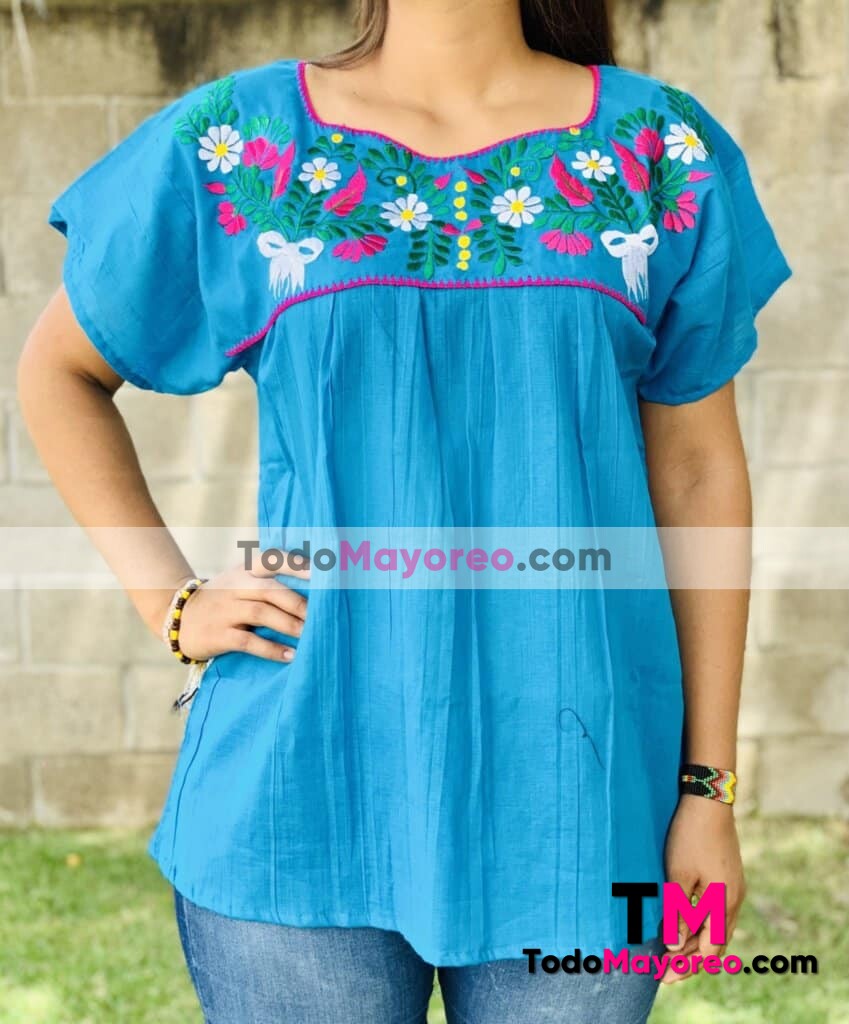 rj00720 Blusa artesanal mexicano para mujer hecho en Chiapas bordado al azar mayoreo fabrica