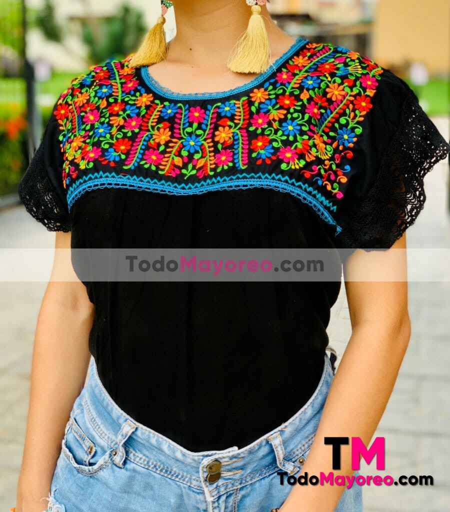 rj00731 Blusa artesanal mexicano bordado a maquina color al azar para mujer  hecho en Chiapas mayoreo fabrica 