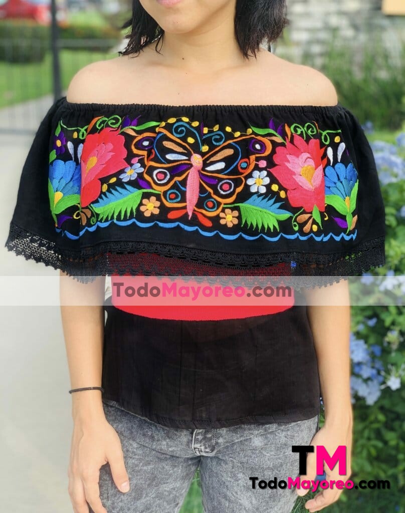 rj00805 Blusa artesanal mexicano de manta color negro diseño de mariposa para mujer hecho en Sahuayo Michoacan mayoreo fabrica