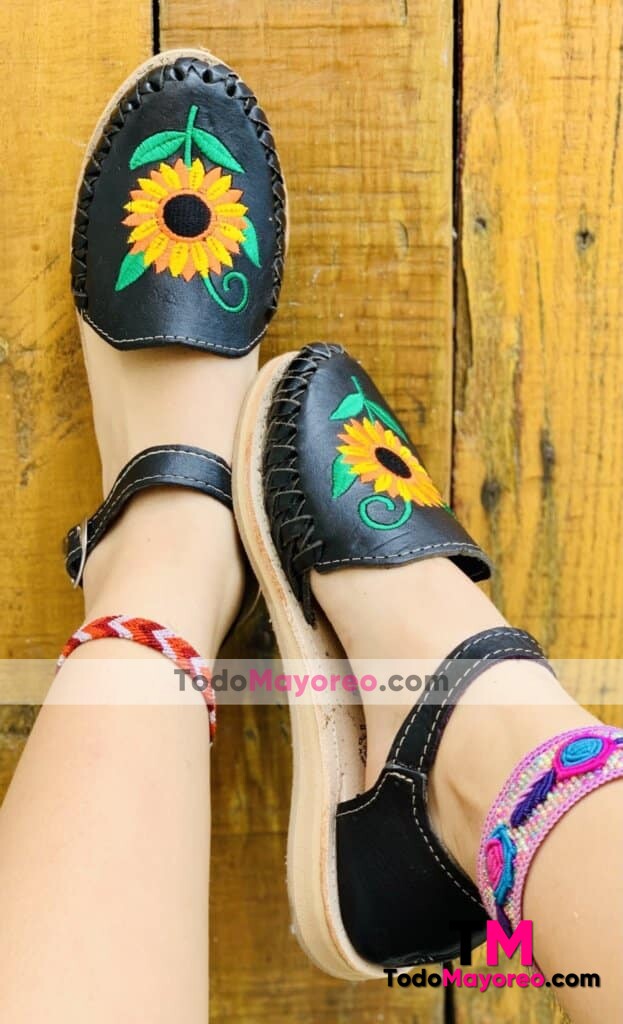 zj00815 Huaraches artesanales mexicanos de piso para mujer color negro bordado de girasol mayoreo fabrica