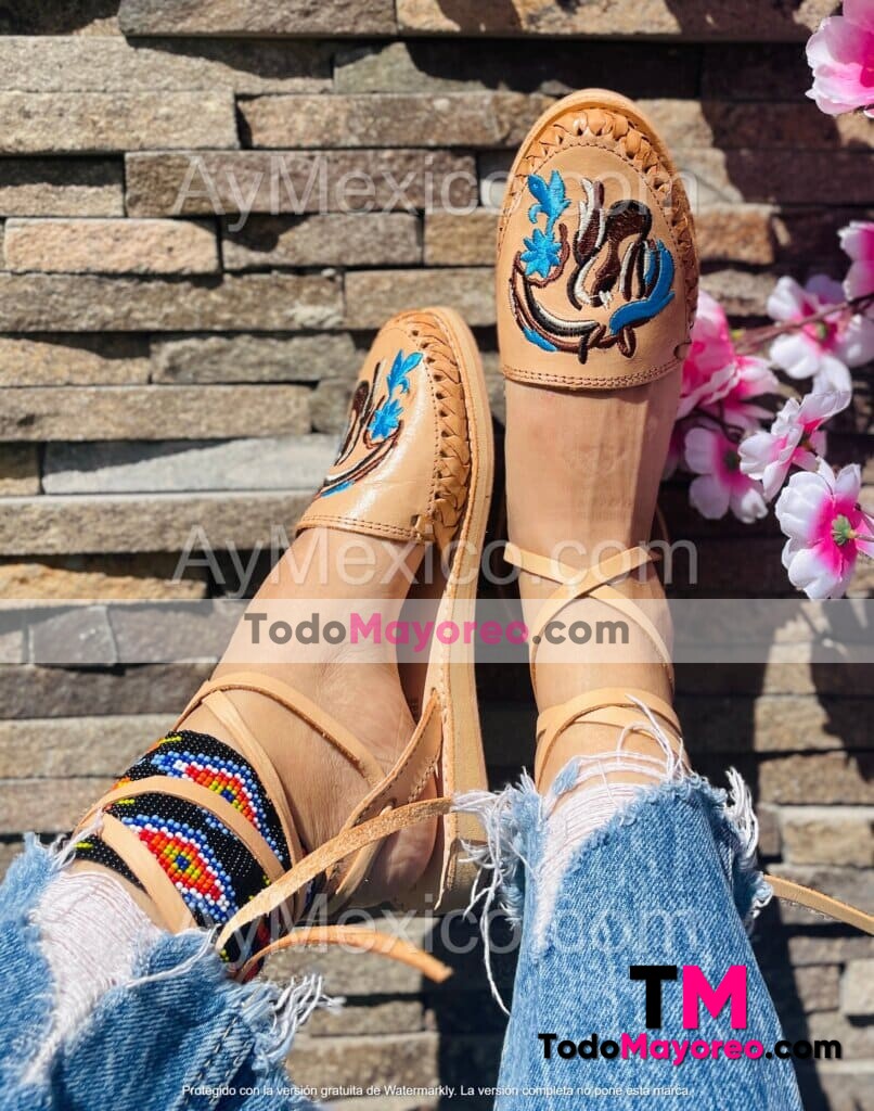 zn00023 Huaraches Mexicanos Artesanales Piso para Mujer De Piel Color Tan con Alpargata Caballo Bordado Calzado de Moda por Mayoreo