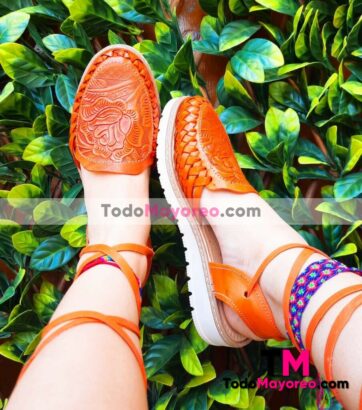 zs00828 Huaraches artesanales mexicanos de piso para mujer tipo alpargata color naranja con troquel de flores mayoreo fabrica