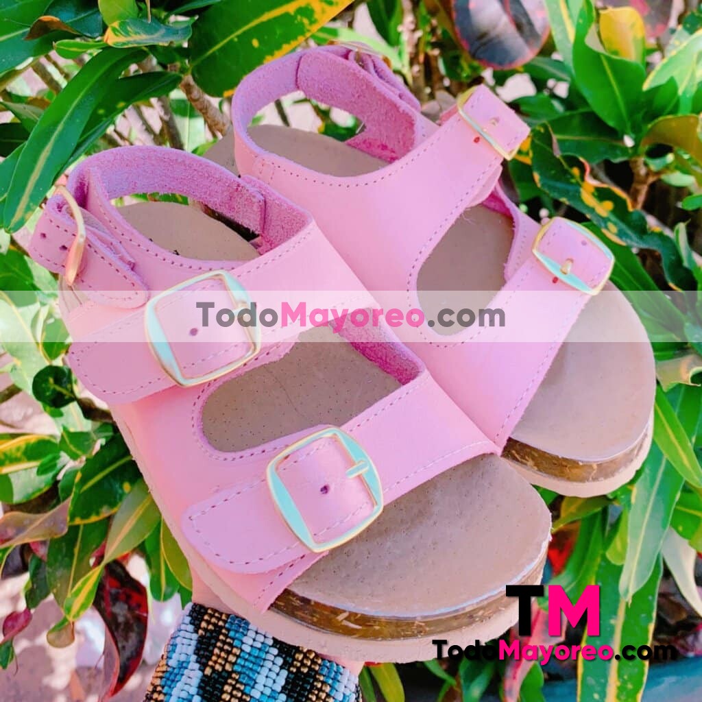 zs00918 Huaraches artesanales mexicanos de piso para infantil dos evillas color rosa mayoreo fabrica