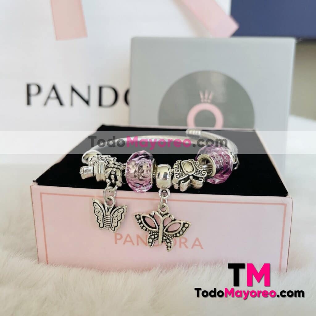 Pulsera Tipo Pandora con Pedreria Lila y Dijes de Mariposas Plata accesorios de mayoreo A2754