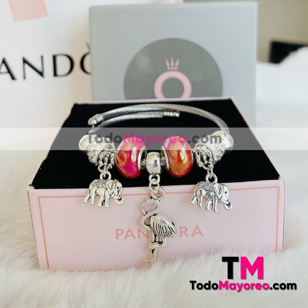Pulsera Tipo Pandora con Pedreria Roja Blanca con Diamantes Dijes de Flamingo y Elefantes Plata A2760