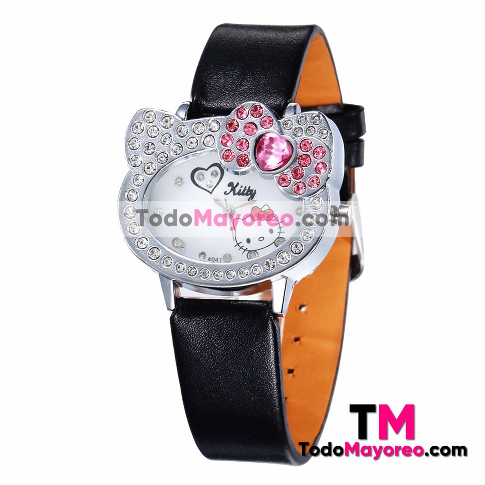 Reloj Negro De Piel Sintetica Caratula Con Diseño Hello Kitty con Diamantes Distribuidores De Fabrica R4691