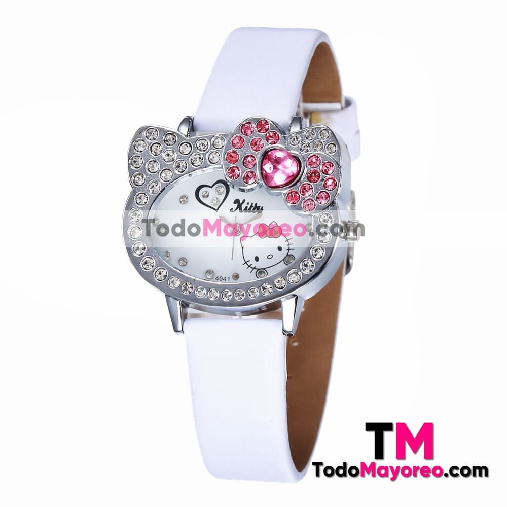 Reloj Blanco De Piel Sintetica Caratula Con Diseño Hello Kitty con Diamantes Distribuidores De Fabrica R4692