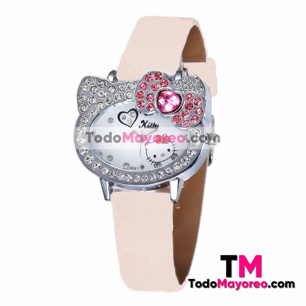 Reloj Beige De Piel Sintetica Caratula Con Diseño Hello Kitty con Diamantes Distribuidores De Fabrica R4693