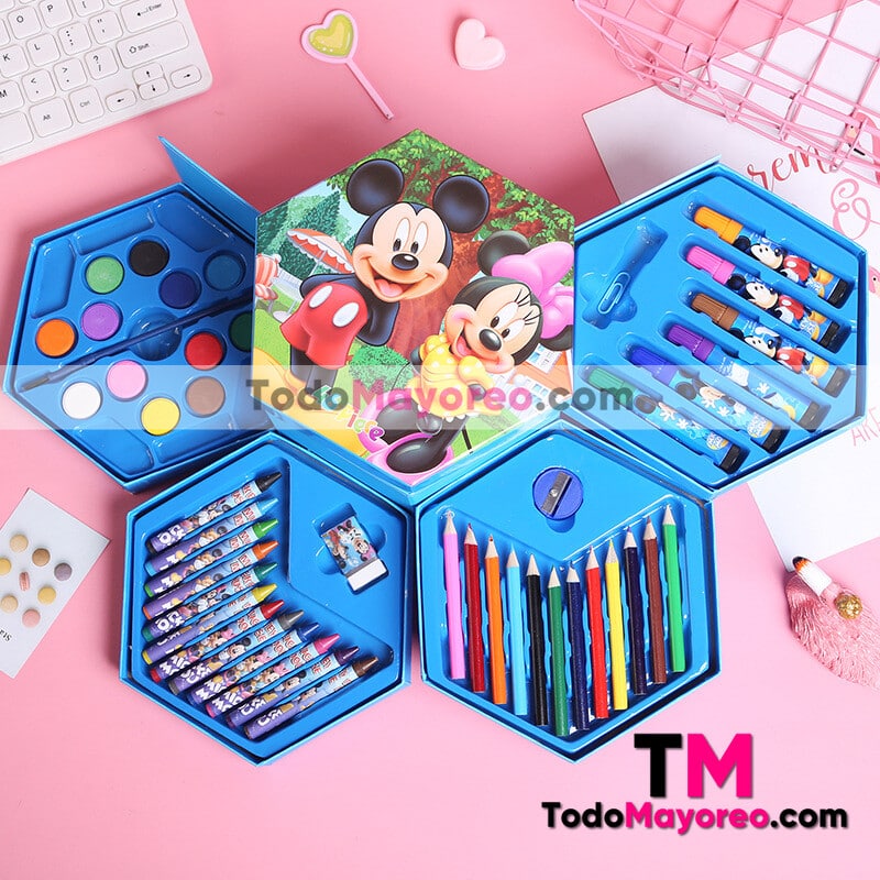 Caja Set de Pinturas Mickey & Minnie Mouse 46 Piezas Azul Accesorios de Mayoreo A3600