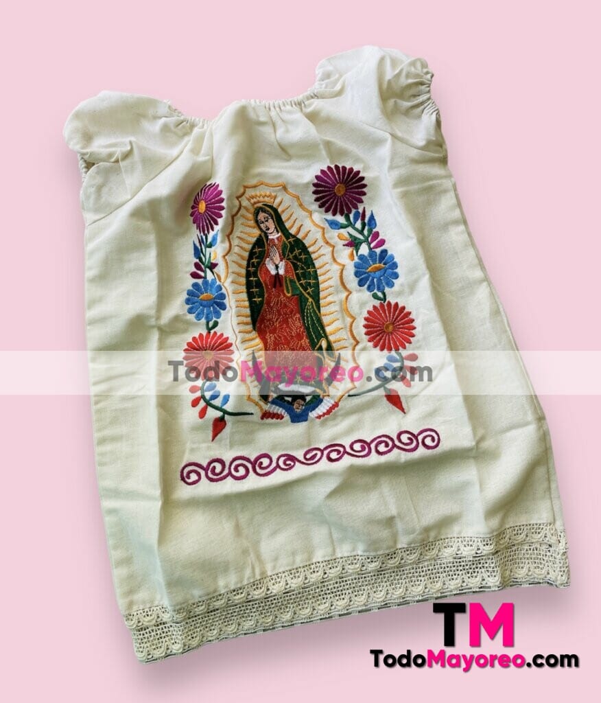 RE-00006- Vestido Beige Virgen Bordada Artesanal Mexicano para Infantil