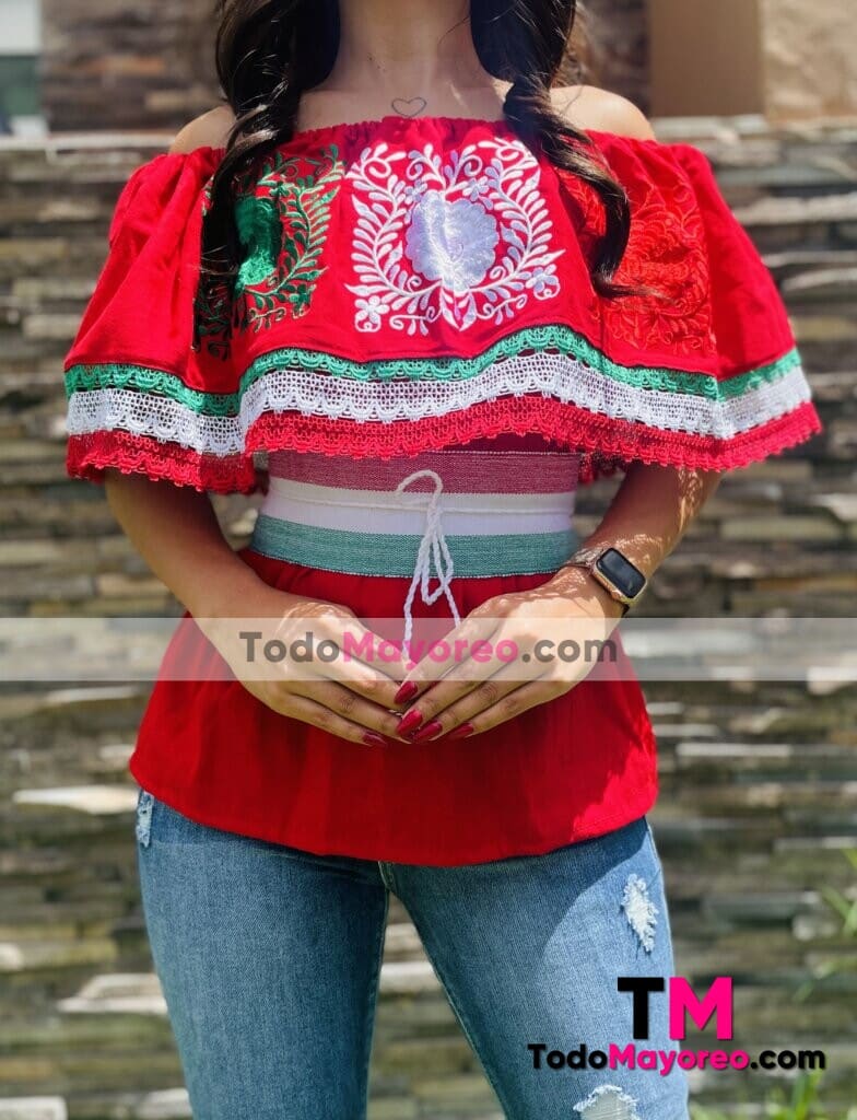 rn00134 Blusa Artesanal Roja Campesina Bordado Tricolor Viva Mexico