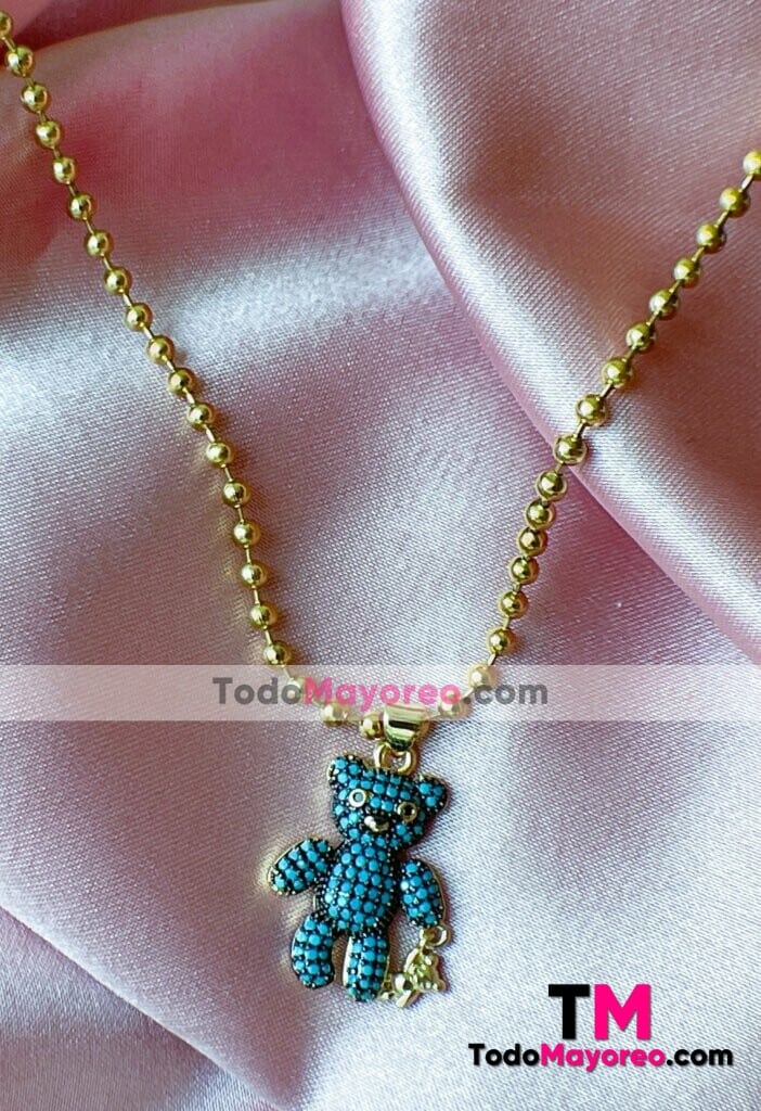 Collar Osito Teddy Azul de Diamantes Dorado Acero Inoxidable Al Por Mayor A3604